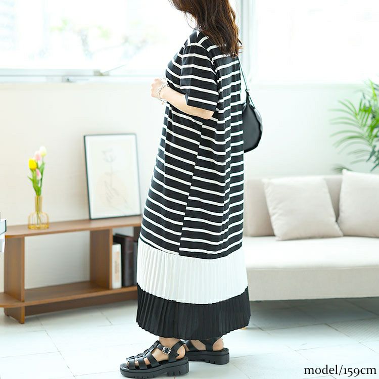 大きいサイズ レディース 裾プリーツ切替えワンピース　goldy-1466 【メール便可】