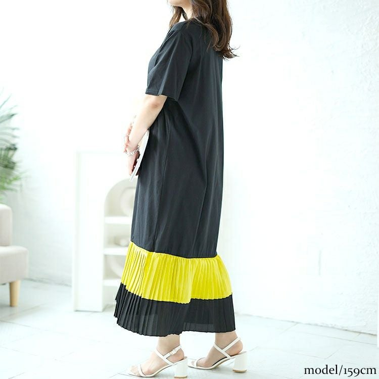 大きいサイズ レディース 裾プリーツ切替えワンピース　goldy-1466 【メール便可】