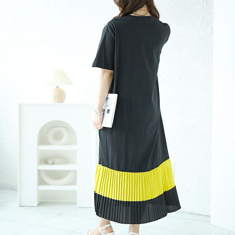 大きいサイズ レディース 裾プリーツ切替えワンピース　goldy-1466 【メール便可】