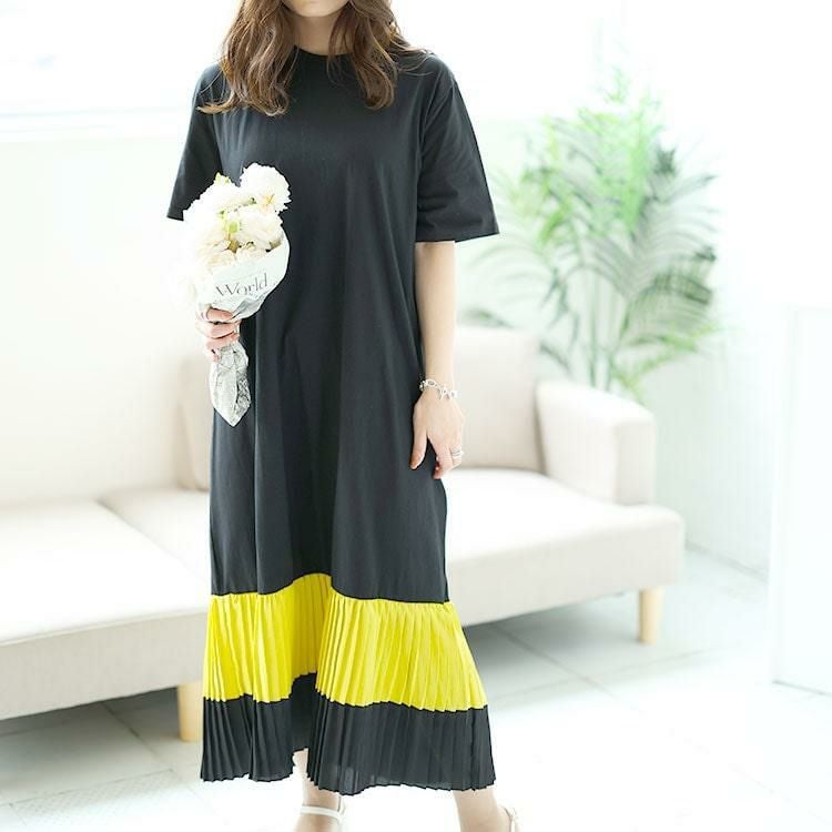 大きいサイズ レディース 裾プリーツ切替えワンピース　goldy-1466 【メール便可】 ブラック