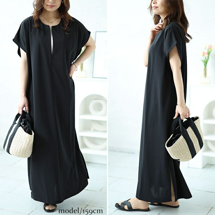 大きいサイズ レディース キーネックフレンチスリーブワンピース　mncut-142037