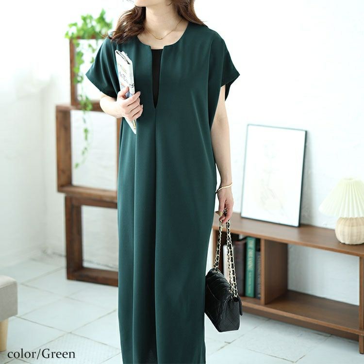 大きいサイズ レディース キーネックフレンチスリーブワンピース　mncut-142037