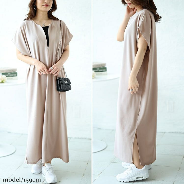 大きいサイズ レディース キーネックフレンチスリーブワンピース mncut