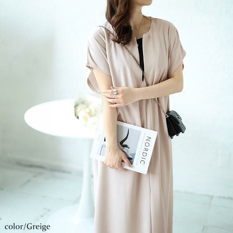 大きいサイズ レディース キーネックフレンチスリーブワンピース　mncut-142037 グレージュ
