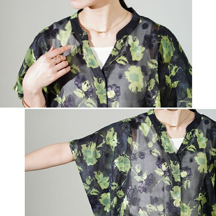 大きいサイズ レディース アート柄シアーブラウスチュニック sw-0639