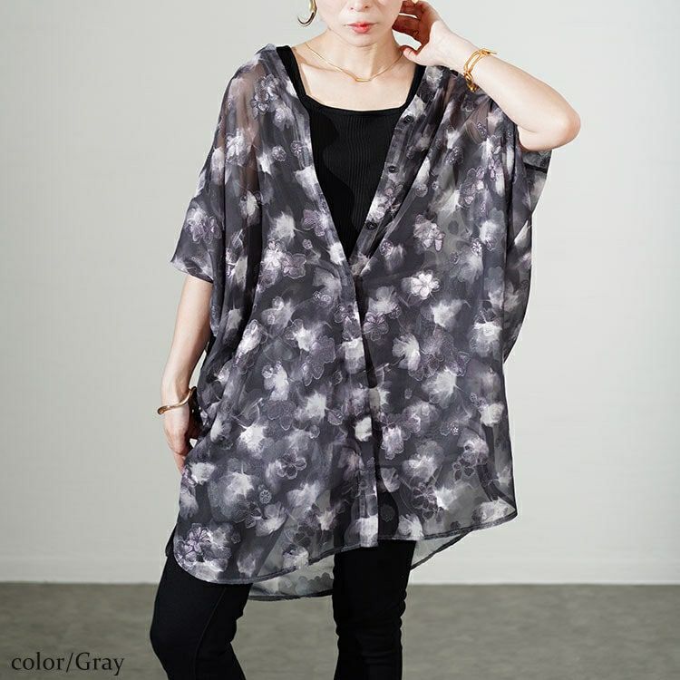 大きいサイズ レディース アート柄シアーブラウスチュニック sw-0639