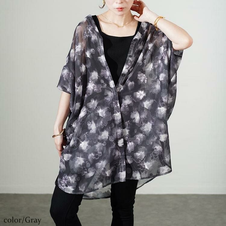 大きいサイズ レディース アート柄シアーブラウスチュニック　sw-0639 グレー