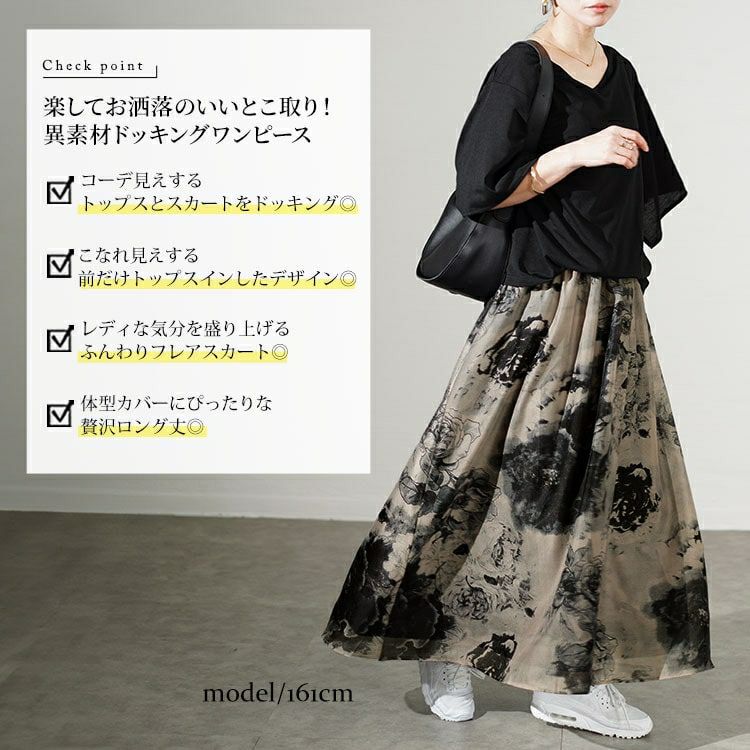 大きいサイズ レディース アートフラワープリントドッキングワンピース　sw-0638