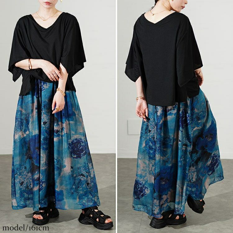 大きいサイズ レディース アートフラワープリントドッキングワンピース　sw-0638