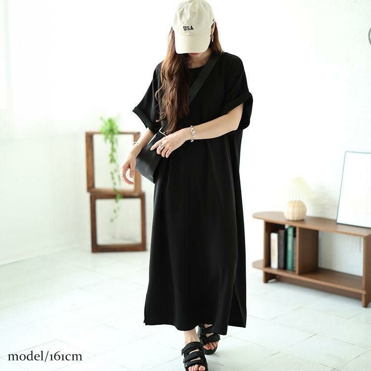 大きいサイズ レディース スリット入りドルマンワンピース　mncut-142036 ブラック