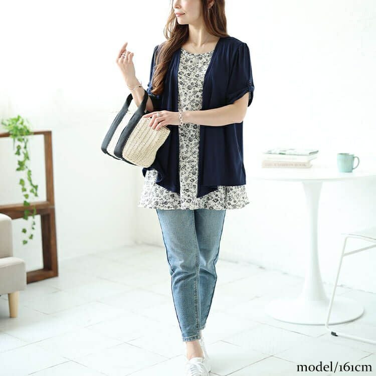 大きいサイズ レディース フェイクレイヤード花柄チュニック　plan-240056