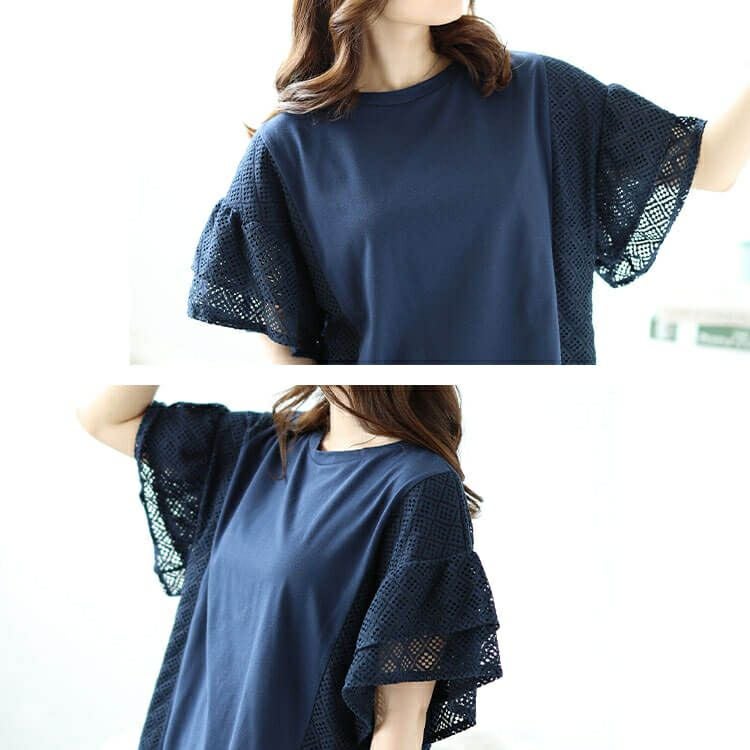 大きいサイズ レディース メッシュレース切替えドルマンプルオーバー　plan-240043 【メール便可】