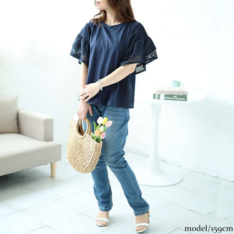 大きいサイズ レディース メッシュレース切替えドルマンプルオーバー　plan-240043 【メール便可】