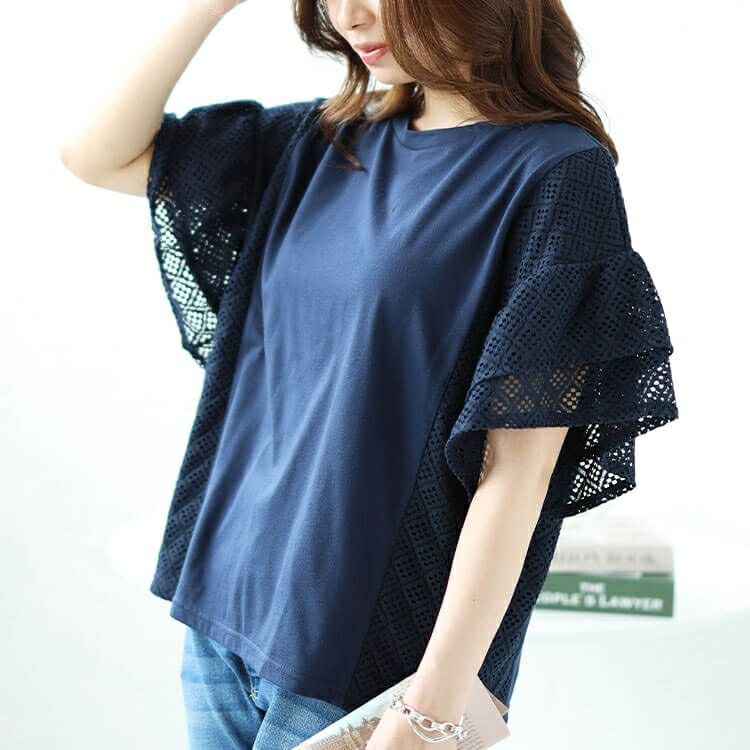 大きいサイズ レディース メッシュレース切替えドルマンプルオーバー　plan-240043 【メール便可】