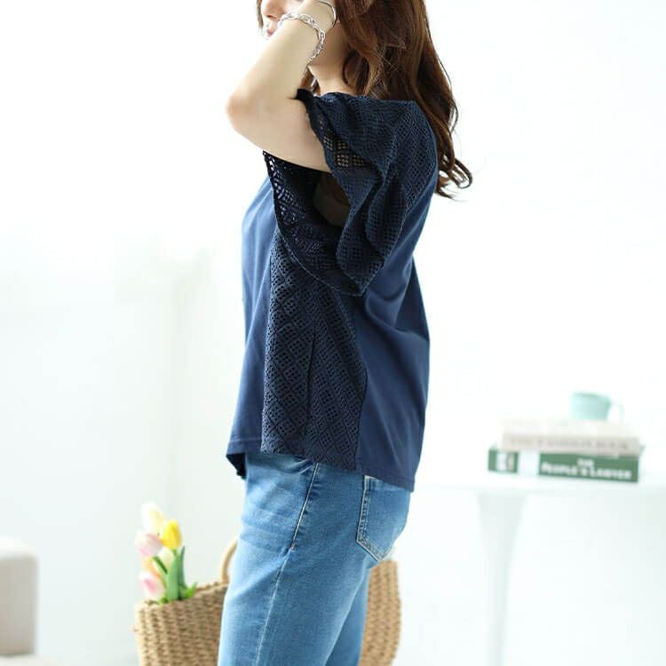 大きいサイズ レディース メッシュレース切替えドルマンプルオーバー　plan-240043 【メール便可】