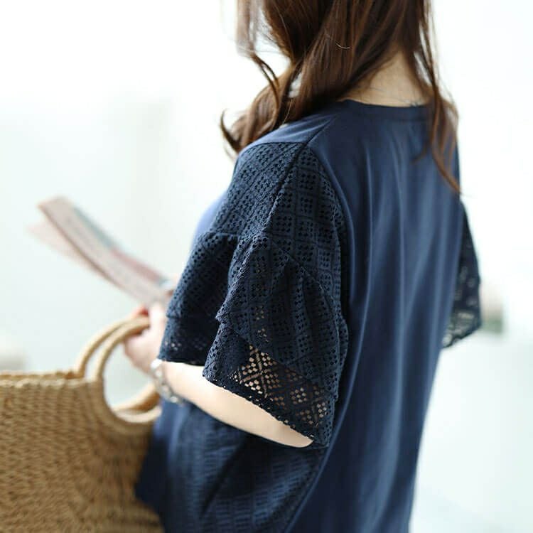 大きいサイズ レディース メッシュレース切替えドルマンプルオーバー　plan-240043 【メール便可】