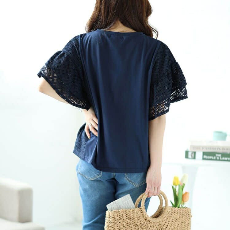 大きいサイズ レディース メッシュレース切替えドルマンプルオーバー　plan-240043 【メール便可】