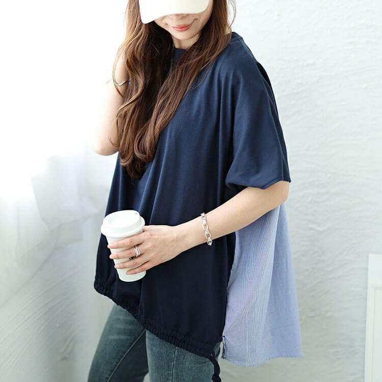 大きいサイズ レディース 異素材切替えドロストドルマンプルオーバー　plan-240042 【メール便可】