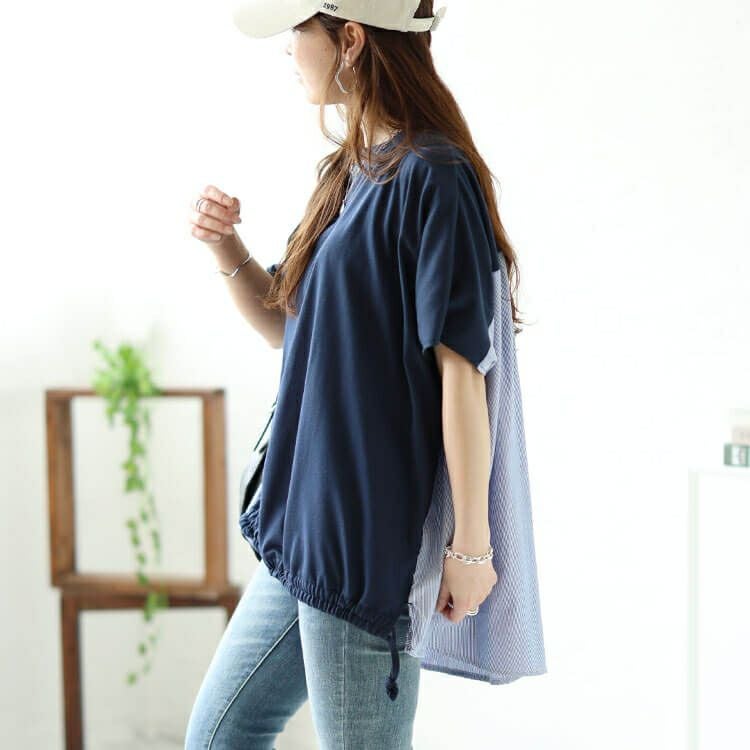 大きいサイズ レディース 異素材切替えドロストドルマンプルオーバー　plan-240042 【メール便可】