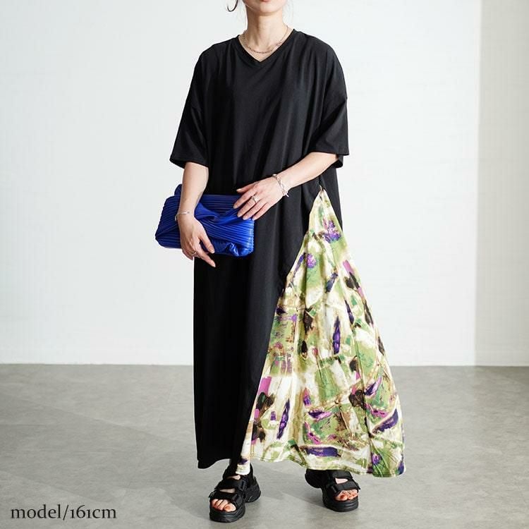 大きいサイズ レディース 接触冷感アートプリント切替えワンピース　kt-7824550 ブラック