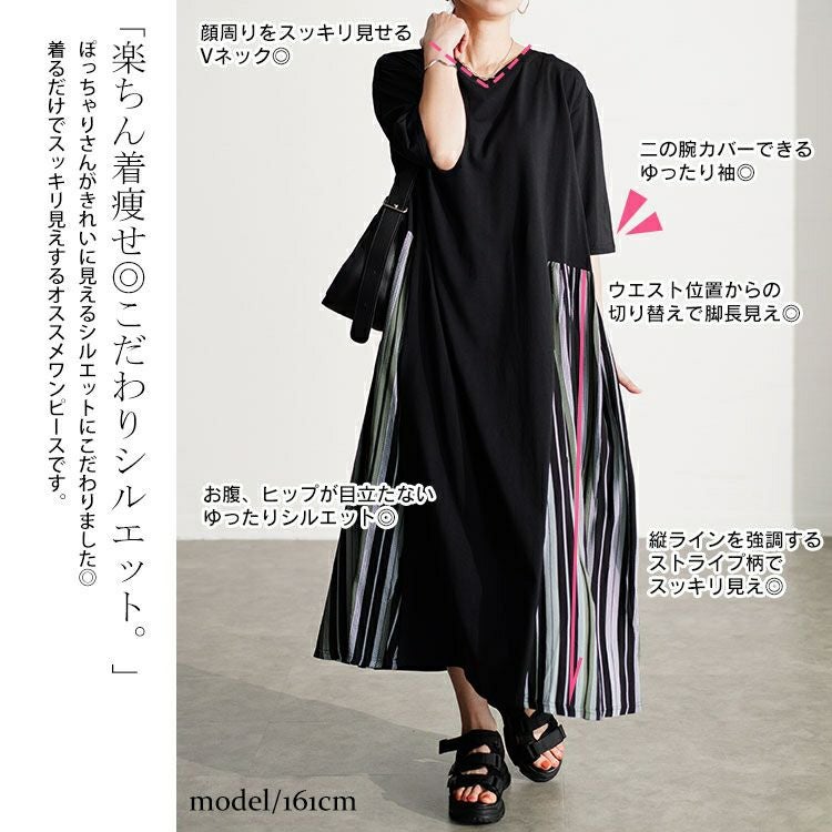 大きいサイズ レディース 接触冷感マルチストライプ切替えワンピース　kt-7824570