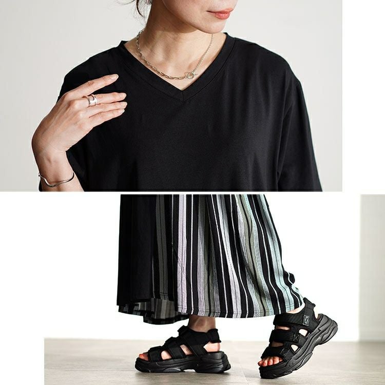 大きいサイズ レディース 接触冷感マルチストライプ切替えワンピース　kt-7824570