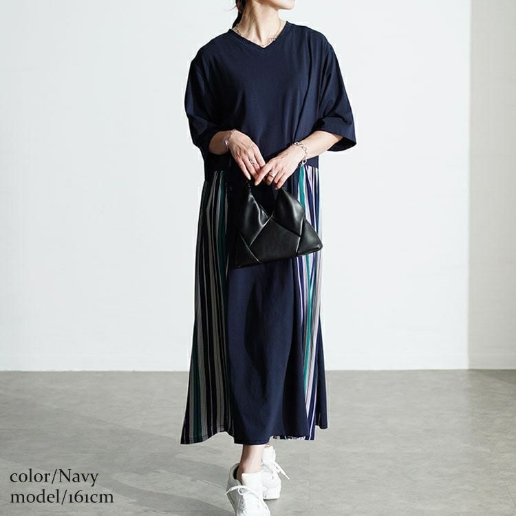 大きいサイズ レディース 接触冷感マルチストライプ切替えワンピース　kt-7824570