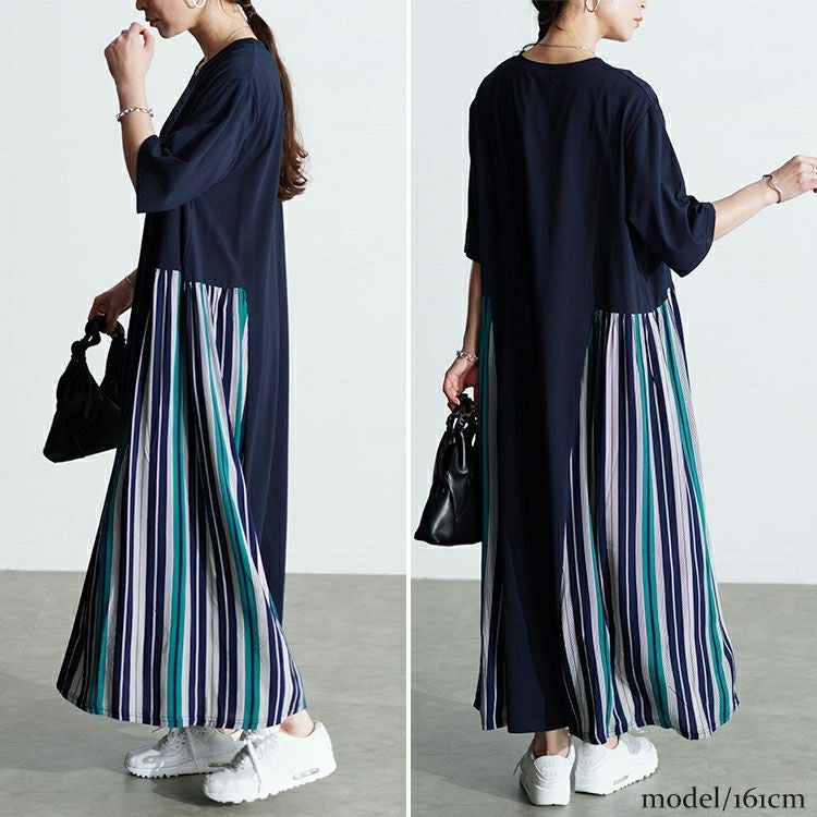 大きいサイズ レディース 接触冷感マルチストライプ切替えワンピース　kt-7824570