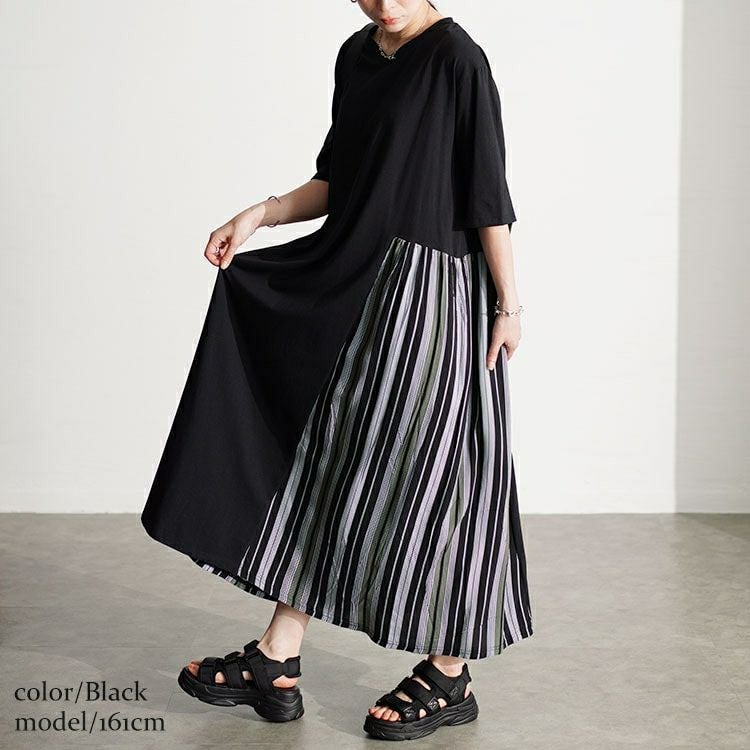 大きいサイズ レディース 接触冷感マルチストライプ切替えワンピース　kt-7824570