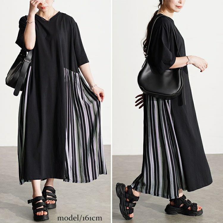 大きいサイズ レディース 接触冷感マルチストライプ切替えワンピース　kt-7824570