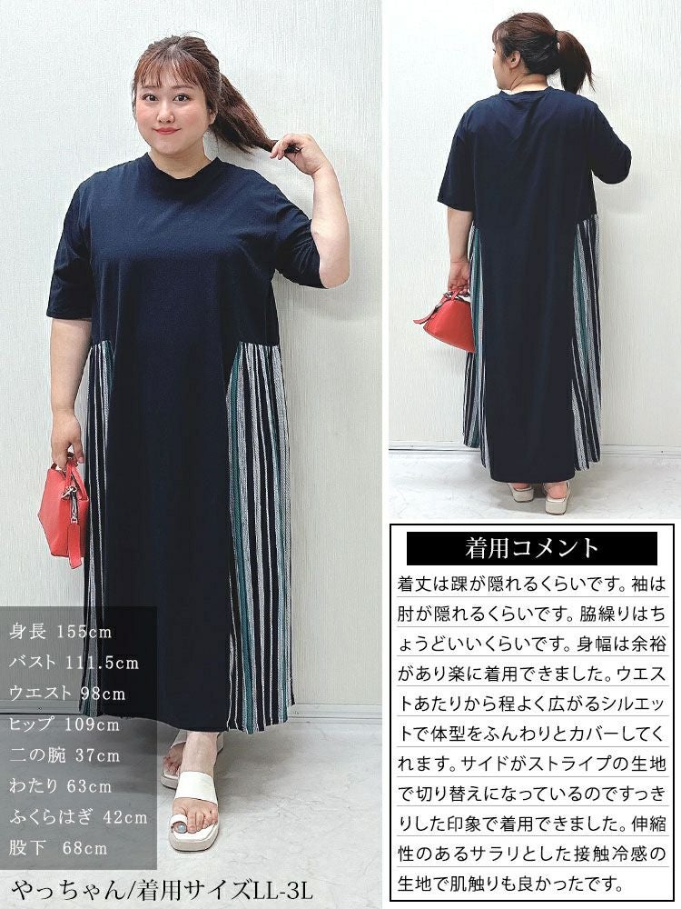 大きいサイズ レディース 接触冷感マルチストライプ切替えワンピース　kt-7824570