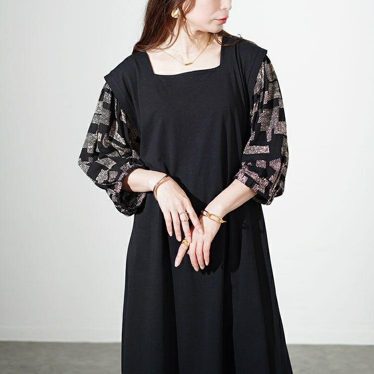 大きいサイズ レディース 接触冷感ジオメトリック柄ボリュームスリーブ切替えワンピース　kt-7824560