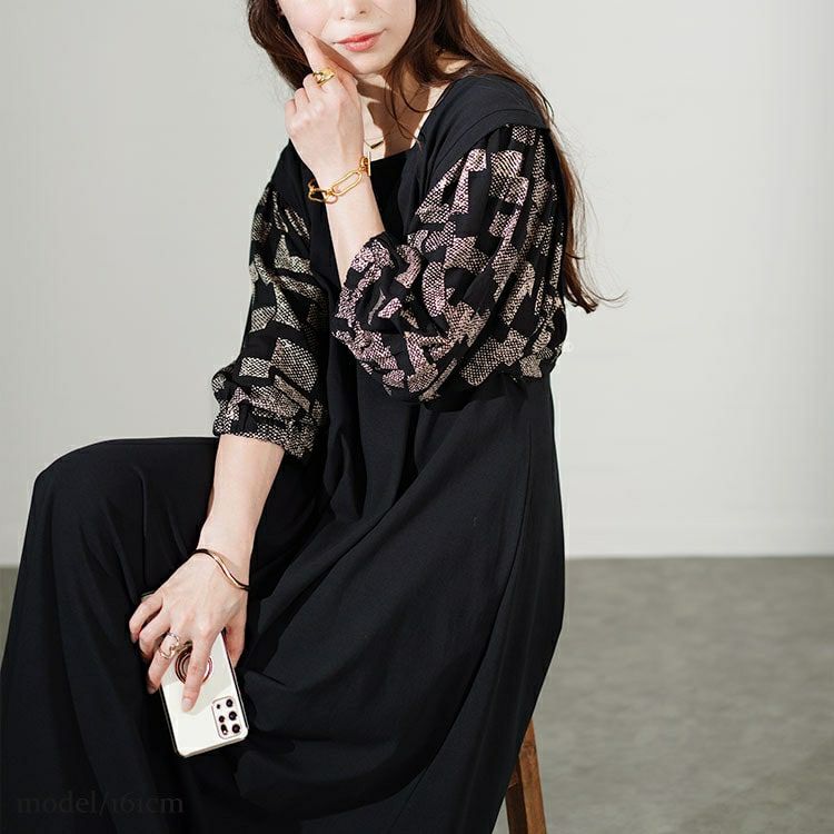 大きいサイズ レディース 接触冷感ジオメトリック柄ボリュームスリーブ切替えワンピース　kt-7824560