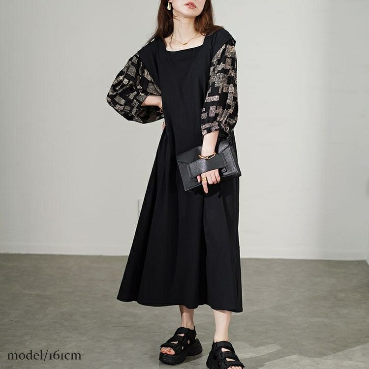 大きいサイズ レディース 接触冷感ジオメトリック柄ボリュームスリーブ切替えワンピース　kt-7824560