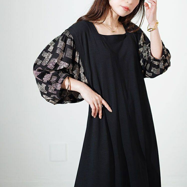 大きいサイズ レディース 接触冷感ジオメトリック柄ボリュームスリーブ切替えワンピース　kt-7824560