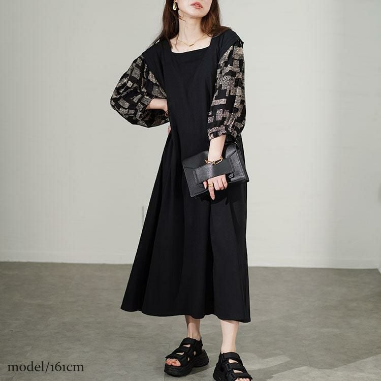 大きいサイズ レディース 接触冷感ジオメトリック柄ボリュームスリーブ切替えワンピース　kt-7824560 ブラック