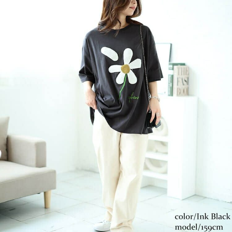 大きいサイズ レディース サガラ刺繍フラワーコットンTシャツ　cros-130276 【メール便可】
