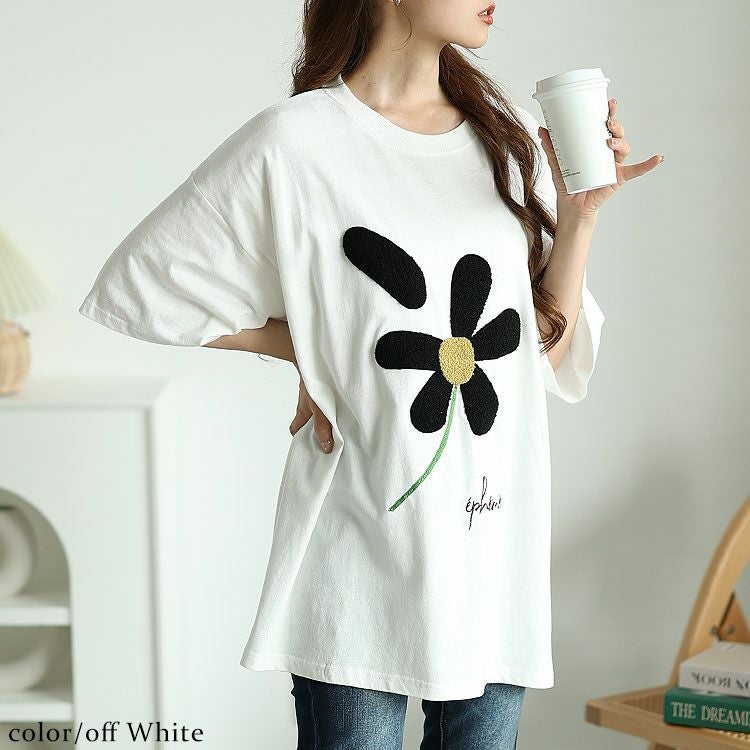 大きいサイズ レディース サガラ刺繍フラワーコットンTシャツ　cros-130276 【メール便可】