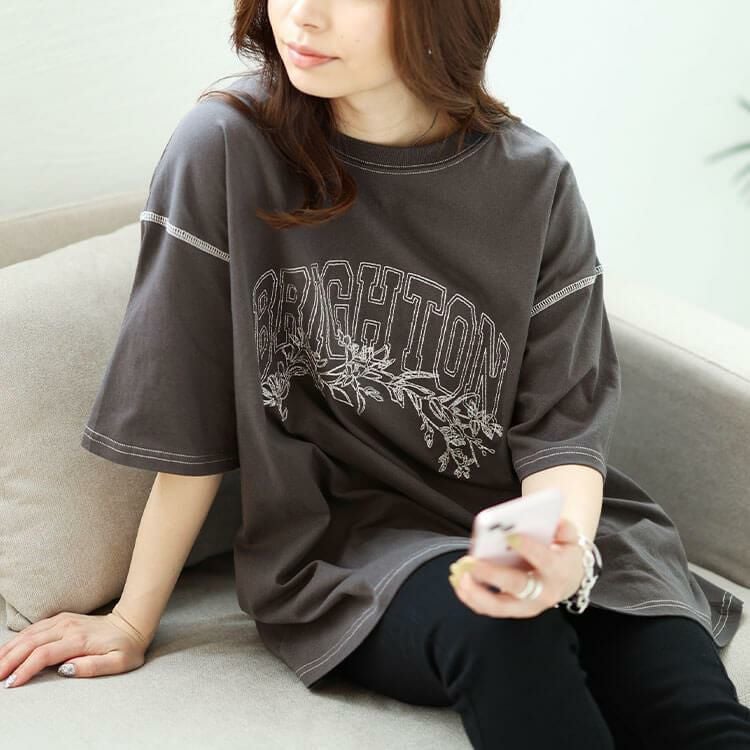 大きいサイズ レディース ロゴラメ刺繍コットンTシャツ　cros-130275 【メール便可】 スミクロ
