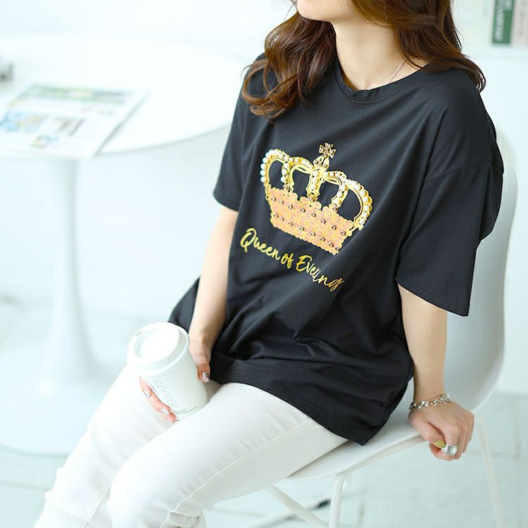 大きいサイズ レディース ビジュー付きロゴTシャツ　goldy-1490 【メール便可】