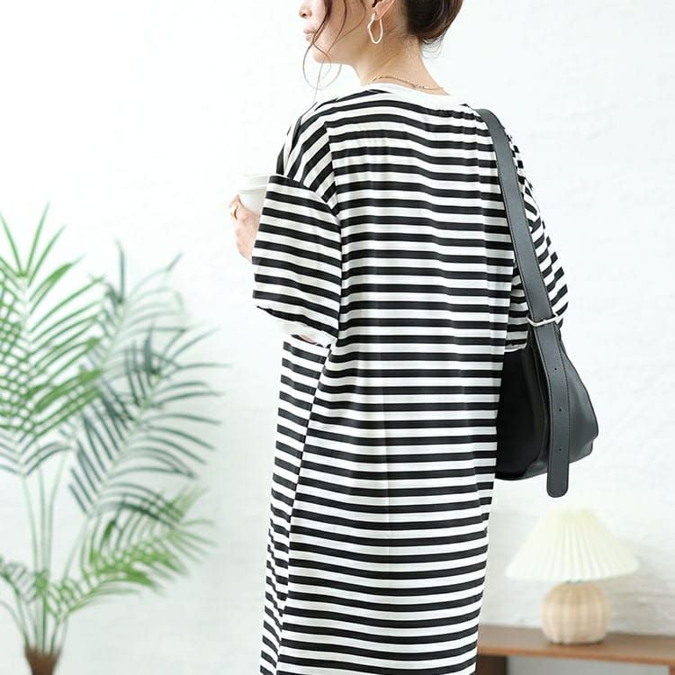 大きいサイズ レディース 英字ロゴボーダーチュニックワンピース　goldy-1480 【メール便可】