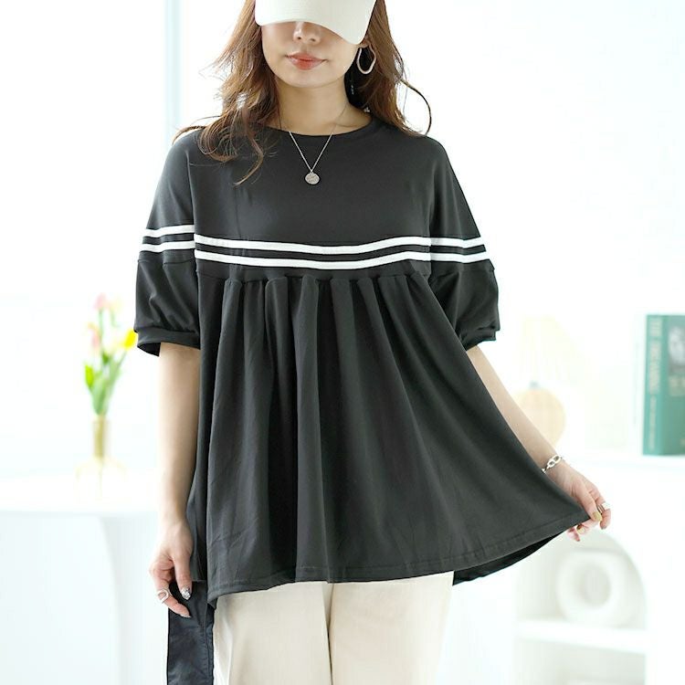 大きいサイズ レディース ライン入りギャザートップス　goldy-1491