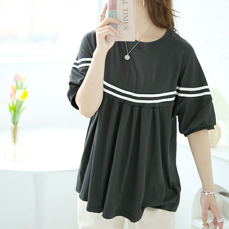 大きいサイズ レディース ライン入りギャザートップス　goldy-1491