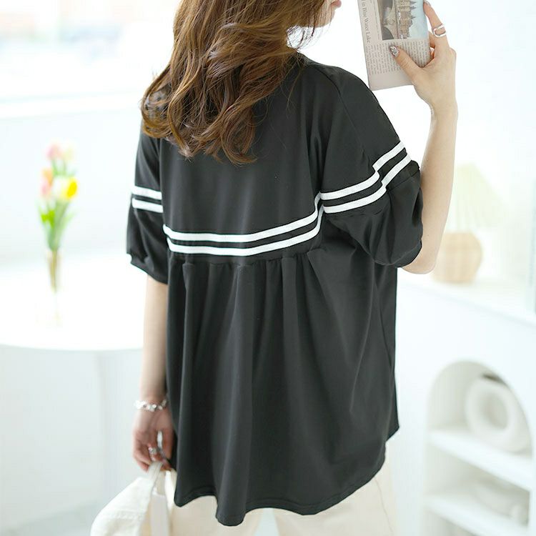 大きいサイズ レディース ライン入りギャザートップス　goldy-1491