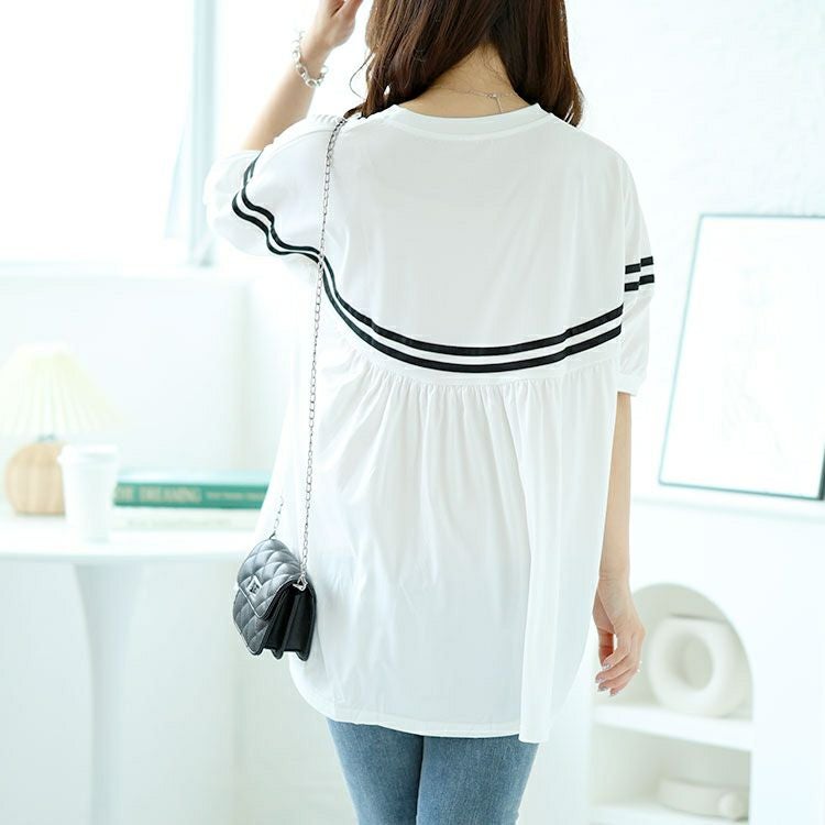 大きいサイズ レディース ライン入りギャザートップス　goldy-1491