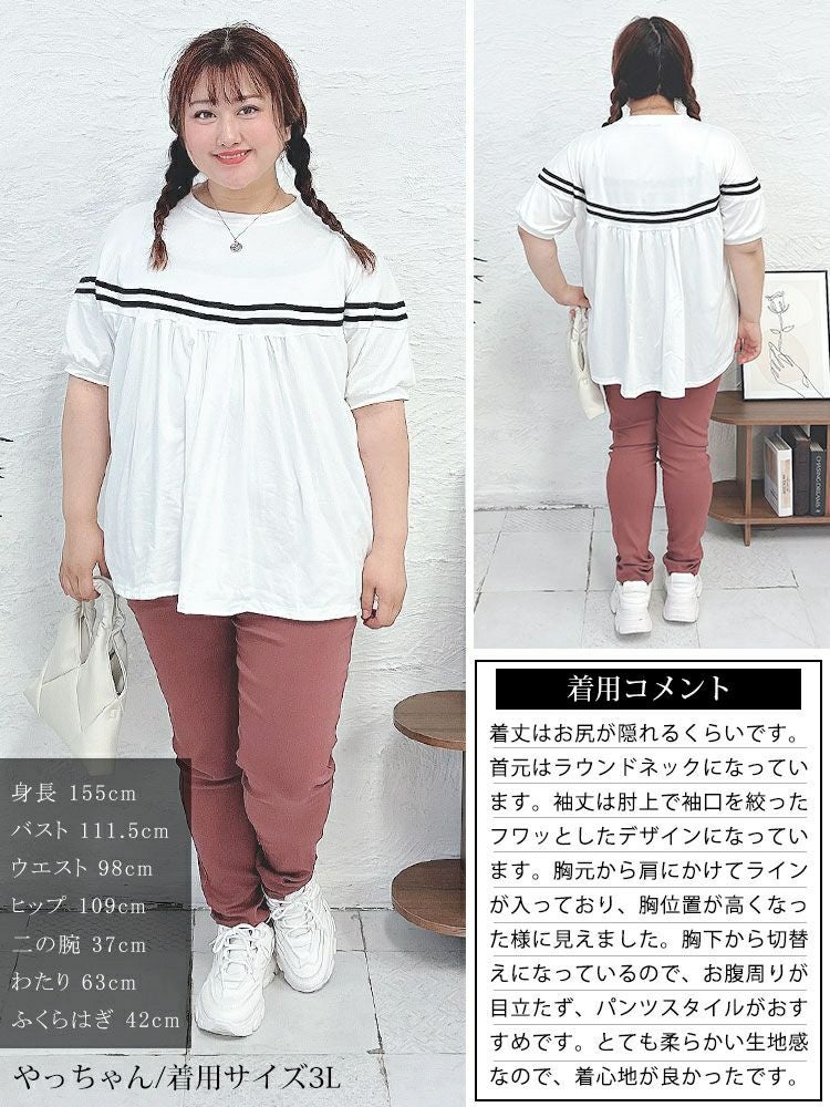 大きいサイズ レディース ライン入りギャザートップス　goldy-1491