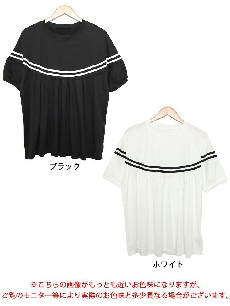 大きいサイズ レディース ライン入りギャザートップス　goldy-1491