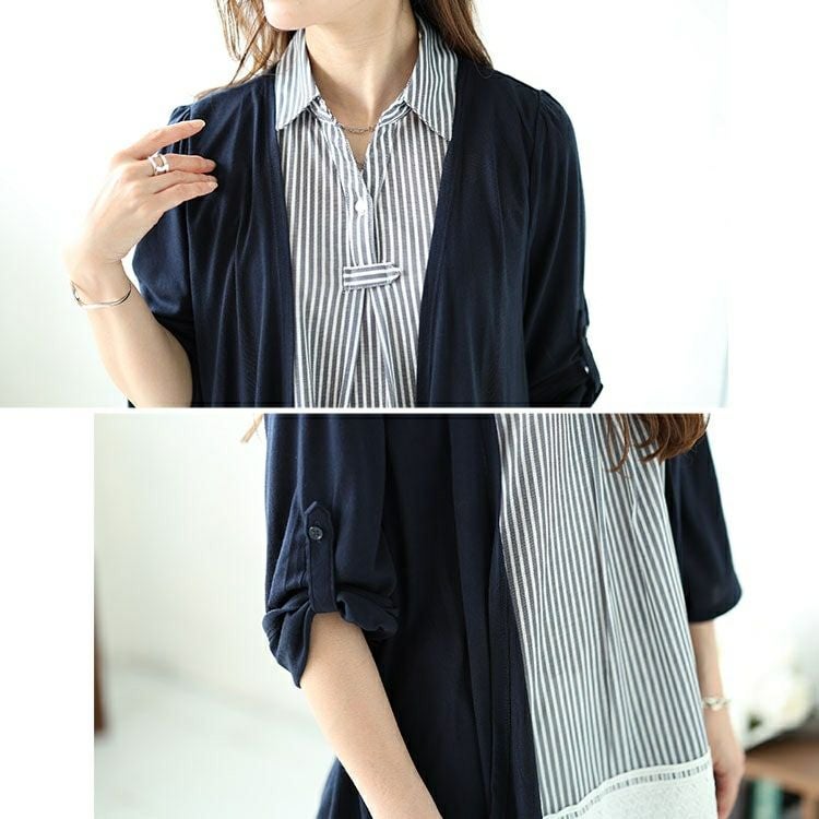 大きいサイズ レディース フェイクレイヤード裾レースストライププルオーバー　plan-240046 【メール便可】