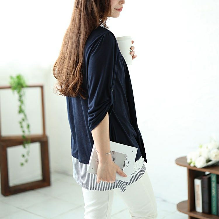 大きいサイズ レディース フェイクレイヤード裾レースストライププルオーバー　plan-240046 【メール便可】