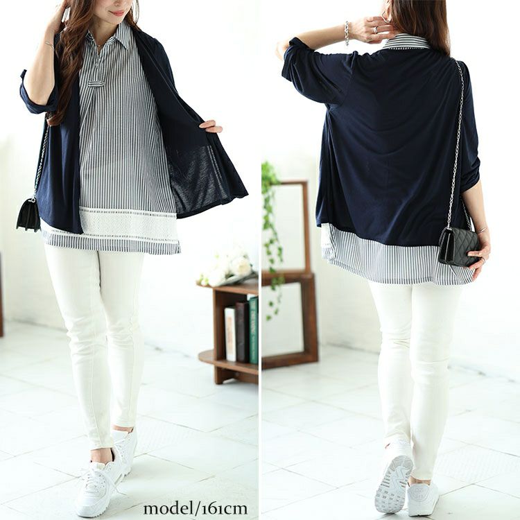 大きいサイズ レディース フェイクレイヤード裾レースストライププルオーバー　plan-240046 【メール便可】